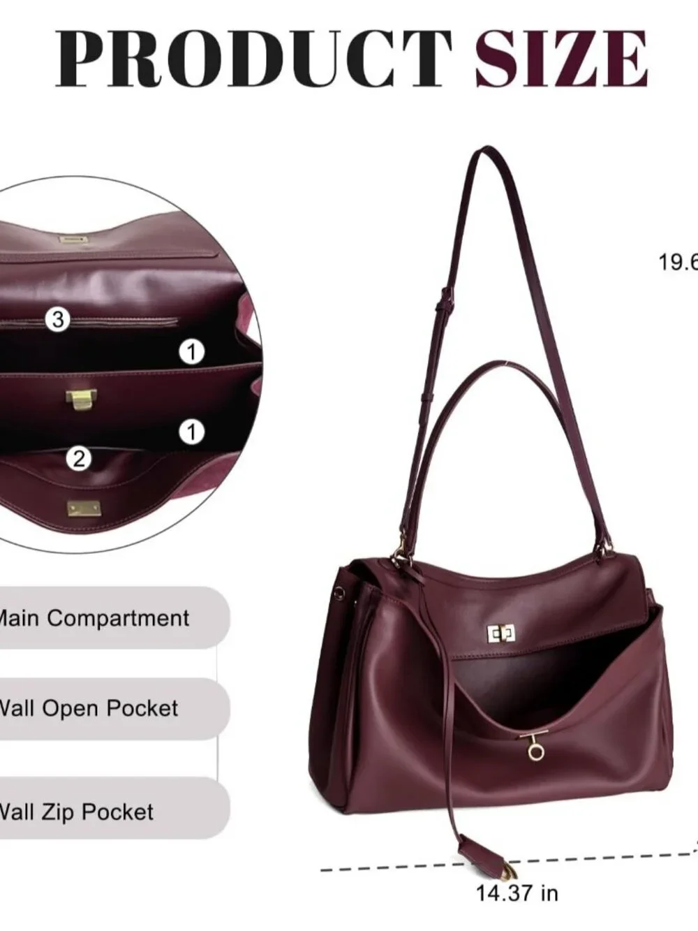 Women's Leather-Burgundy  Soft Cowhide Shoulder Satchel Purse Stylish Hand bags - Picture 4 of 6